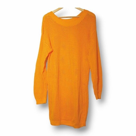 Vintage In Charge Crochet Sweater Dress-Large-Open Knit-Yellow-Sheer-USA Made - Picture 2 of 6